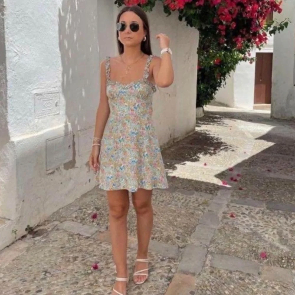 Zara Floral Mini Dress Sweetheart Neck Ruffle Strap Smocked Sundress Multi XXL - Picture 2 of 10
